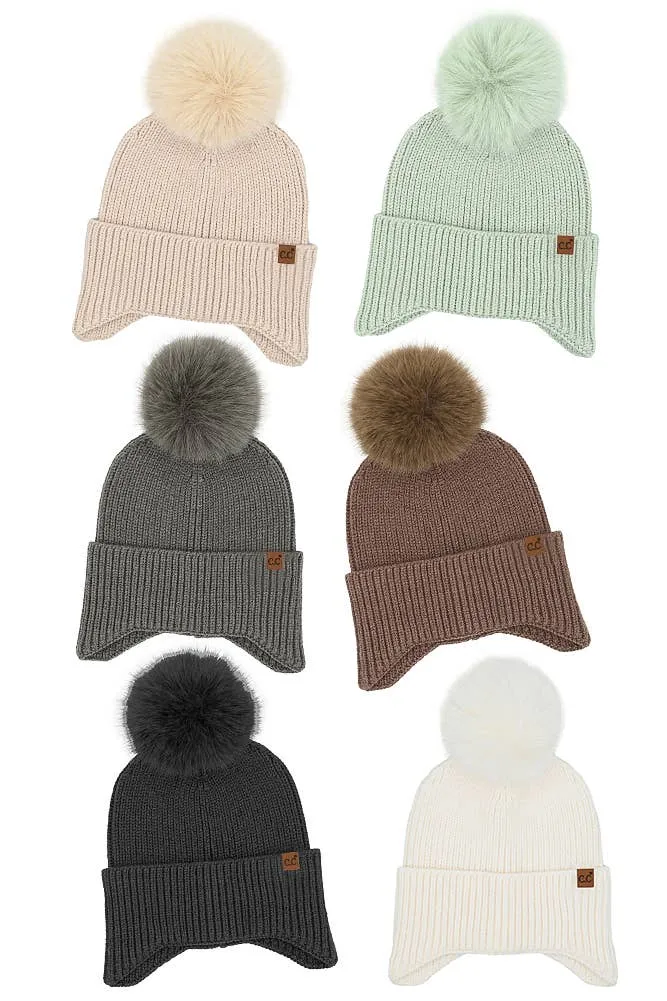 C.C Earflap Pom Knit Solid Beanie Winter Hat: Sage