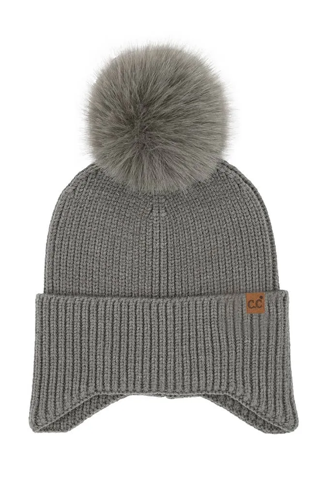 C.C Earflap Pom Knit Solid Beanie Winter Hat: Sage