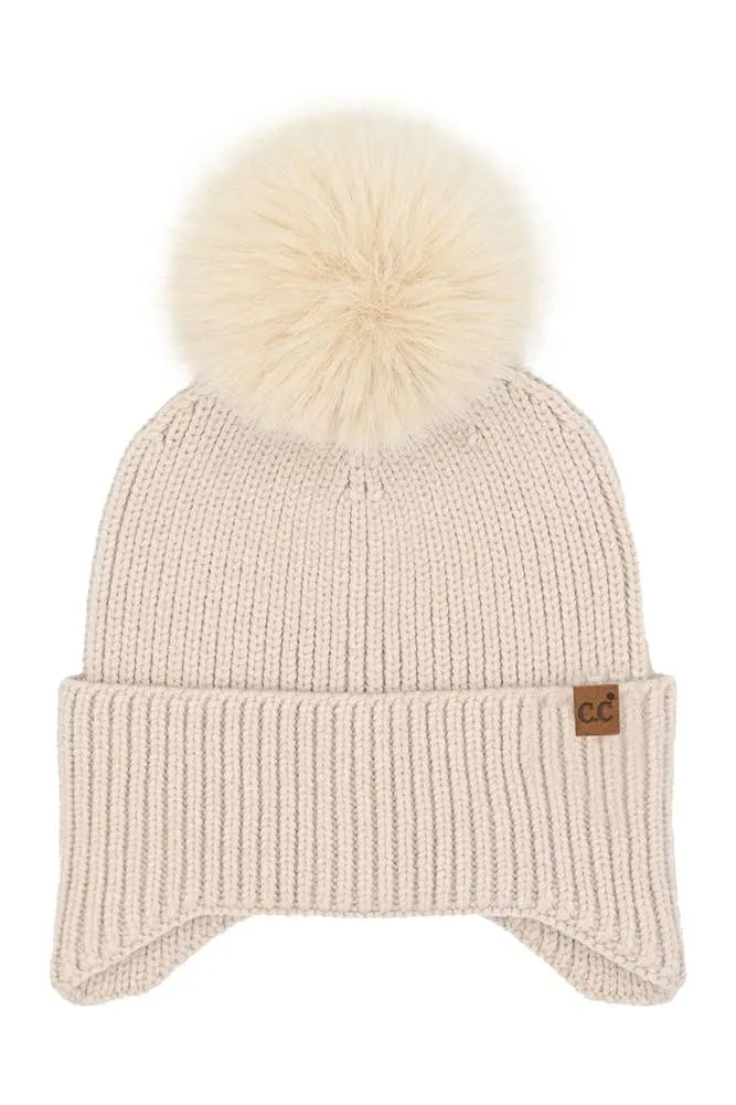 C.C Earflap Pom Knit Solid Beanie Winter Hat: Sage