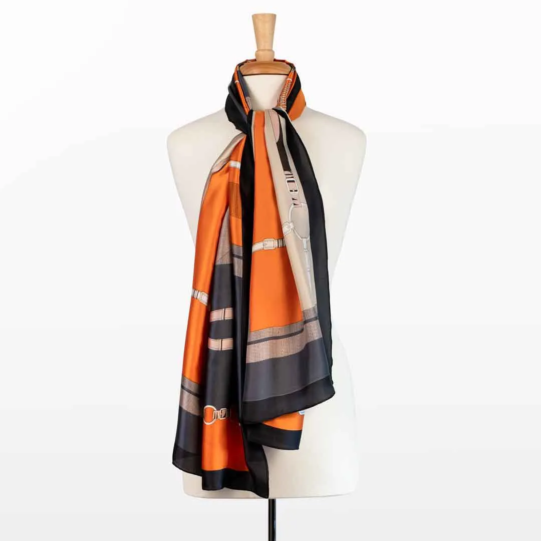 Celine - Stylized Equestrian in Tangerine and Deep Blue Scarf