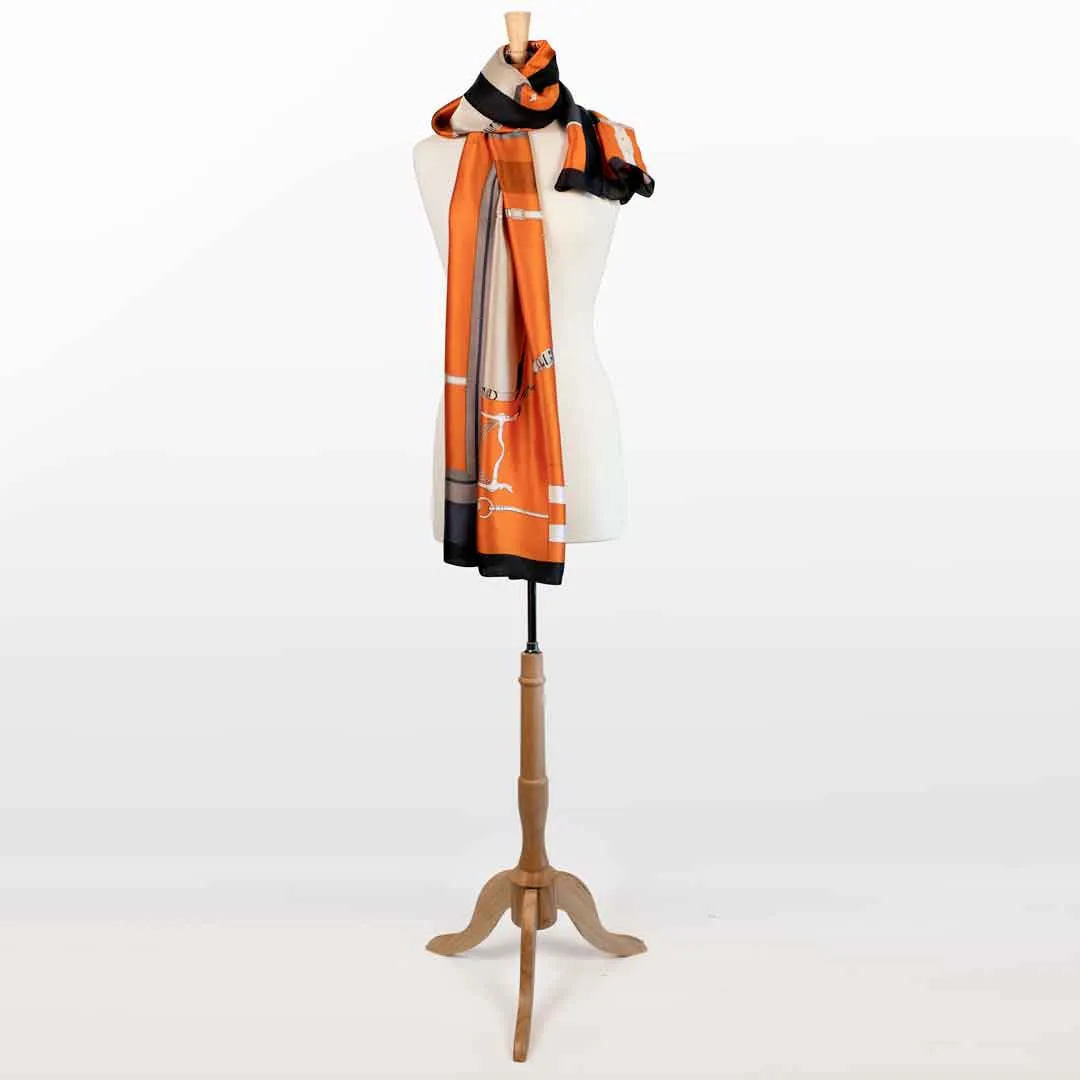 Celine - Stylized Equestrian in Tangerine and Deep Blue Scarf