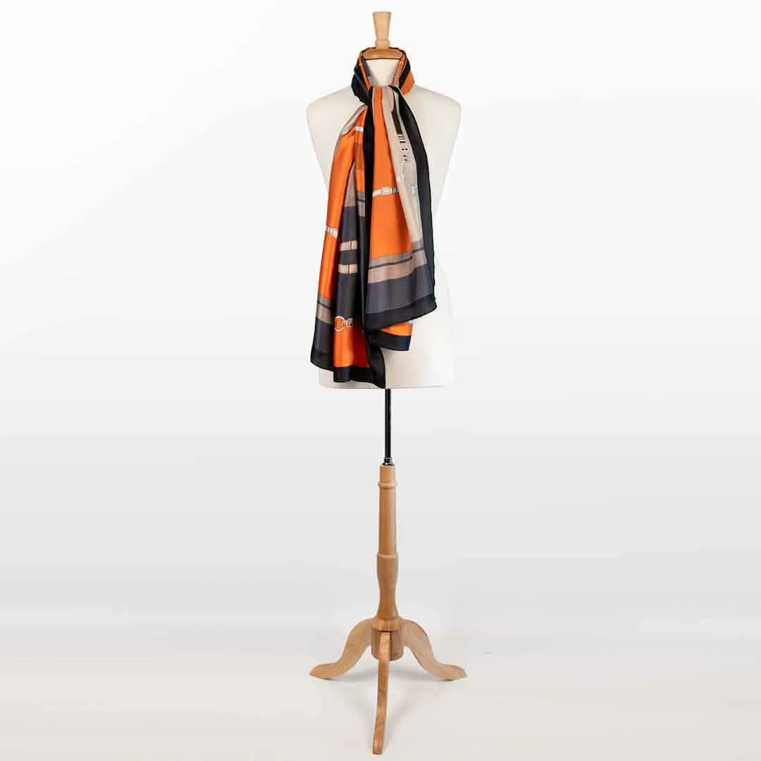 Celine - Stylized Equestrian in Tangerine and Deep Blue Scarf
