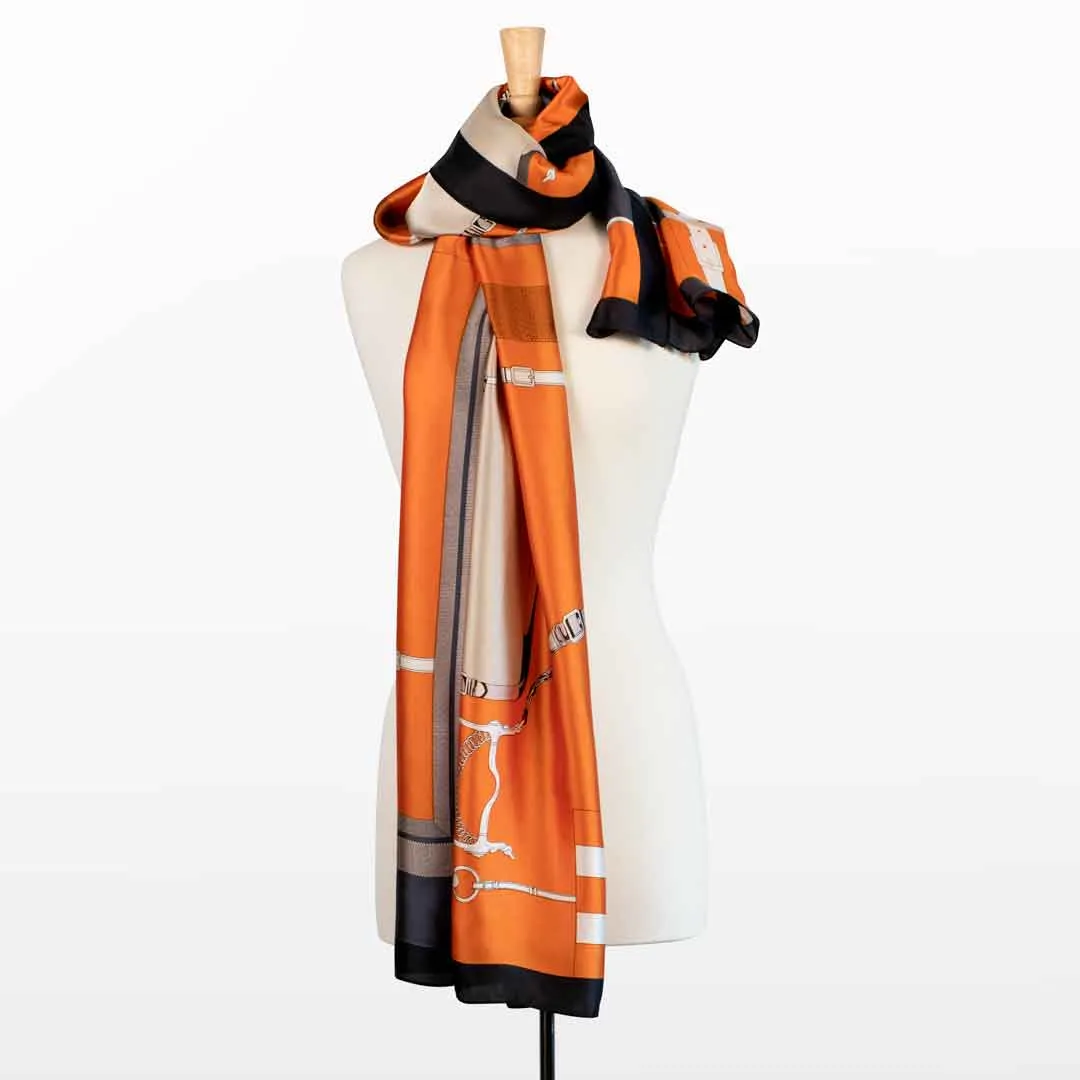 Celine - Stylized Equestrian in Tangerine and Deep Blue Scarf