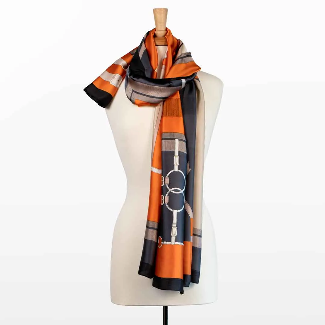 Celine - Stylized Equestrian in Tangerine and Deep Blue Scarf