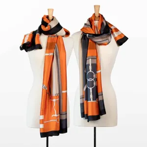 Celine - Stylized Equestrian in Tangerine and Deep Blue Scarf