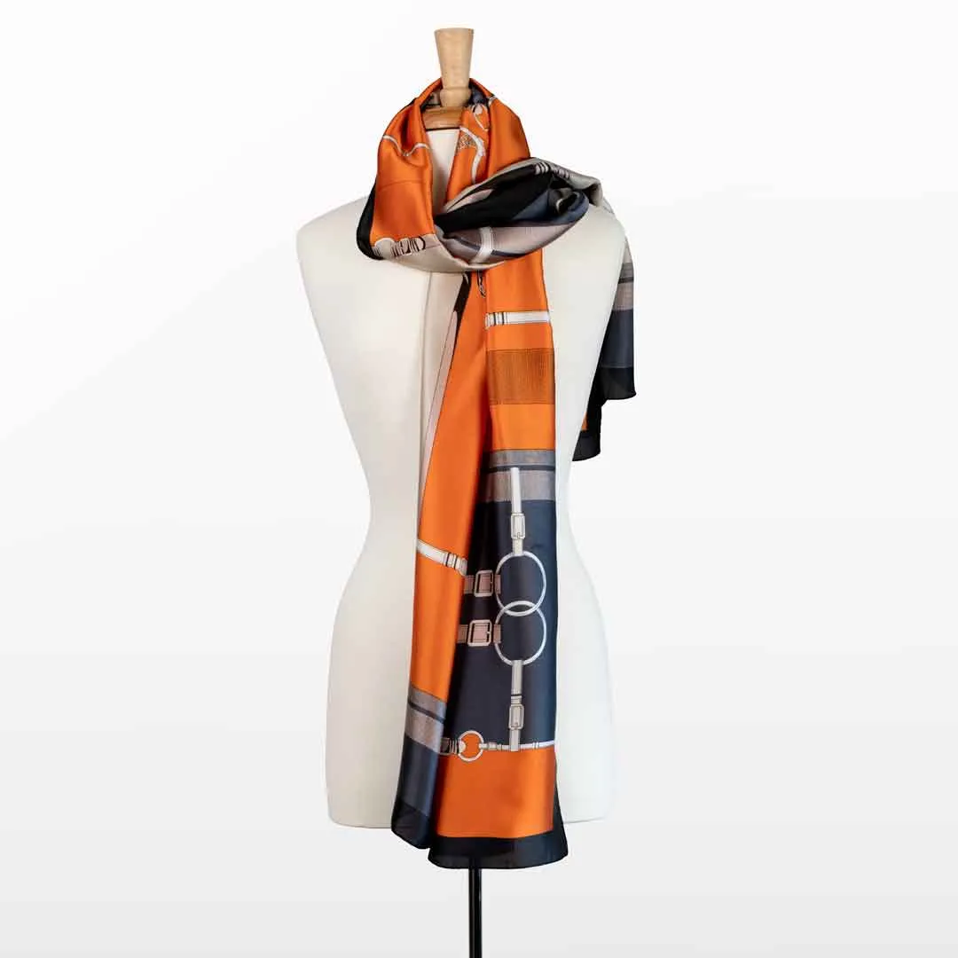 Celine - Stylized Equestrian in Tangerine and Deep Blue Scarf