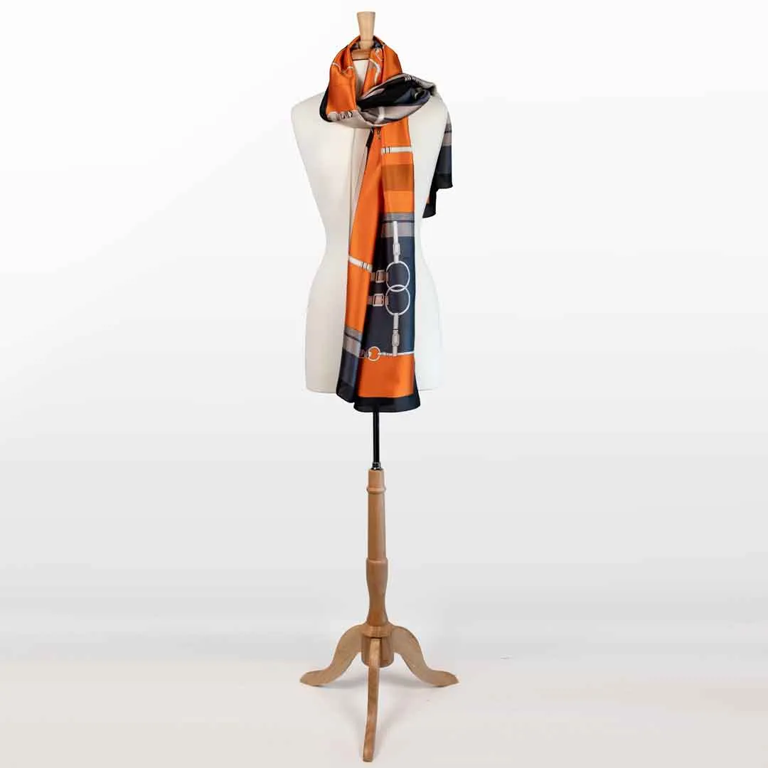 Celine - Stylized Equestrian in Tangerine and Deep Blue Scarf