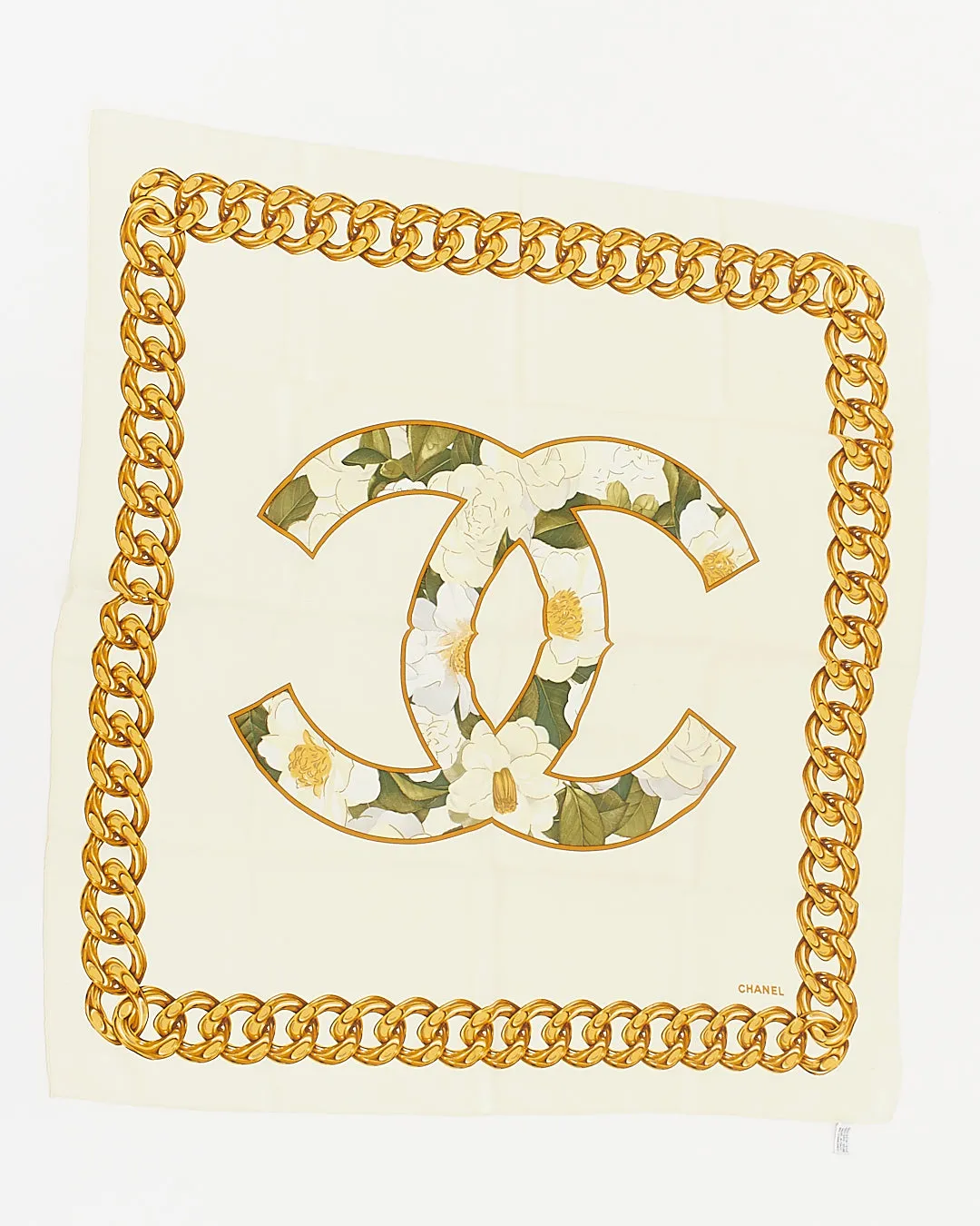 Chanel Cream Floral CC Interlocking Logo Silk Scarf