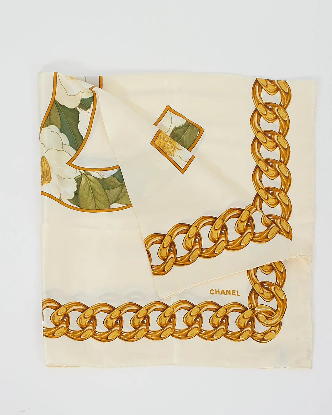 Chanel Cream Floral CC Interlocking Logo Silk Scarf