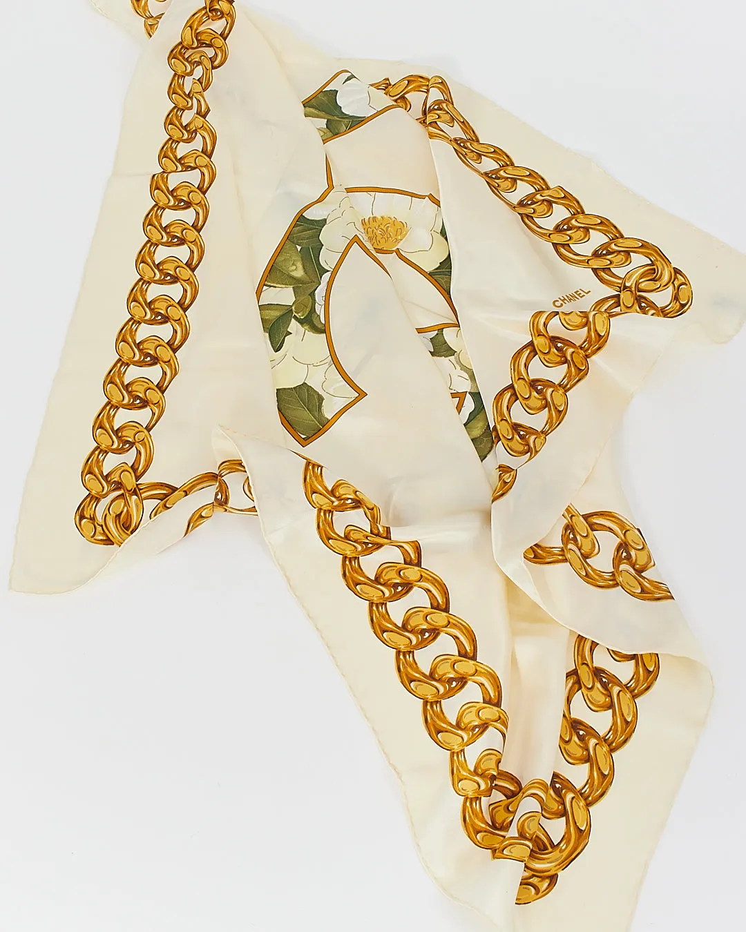 Chanel Cream Floral CC Interlocking Logo Silk Scarf