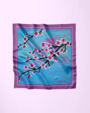 CHERRY BLOSSOM Designer 100% Silk Art-A-Porte Scarf in Blue Lavender