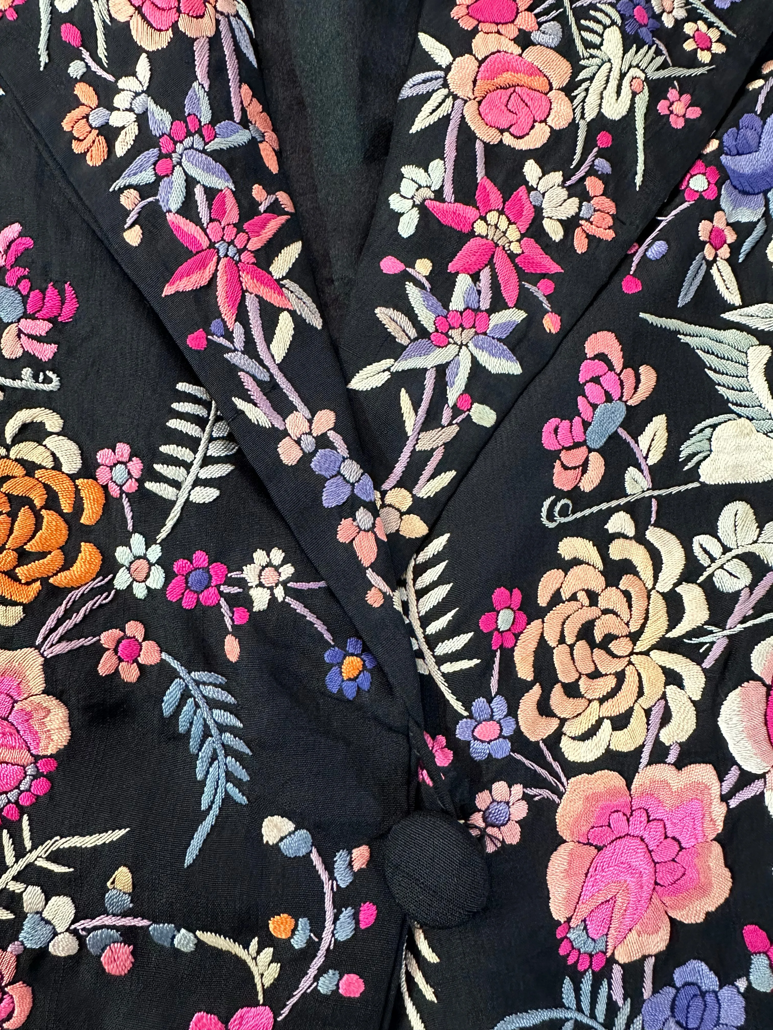 Chinese 1930s Colorful Floral Hand Embroidered Black Silk Jacket