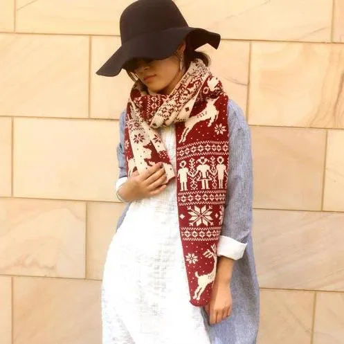 Christmas Elk Snowflake Knitting Long Scarf Casual Travel Warm Couple Scarves Shawls