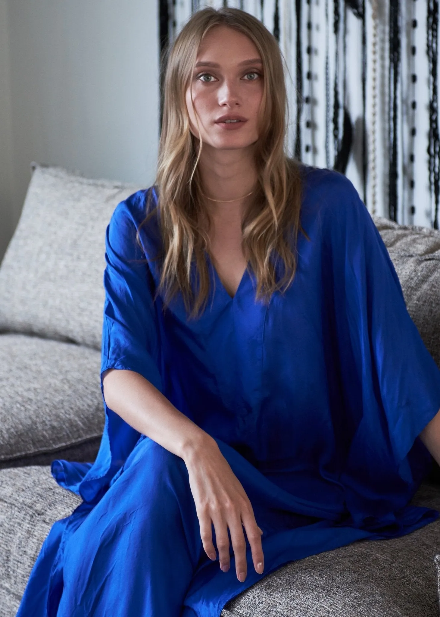 Cobalt Silk Placket V-Neck Long Caftan - Sale