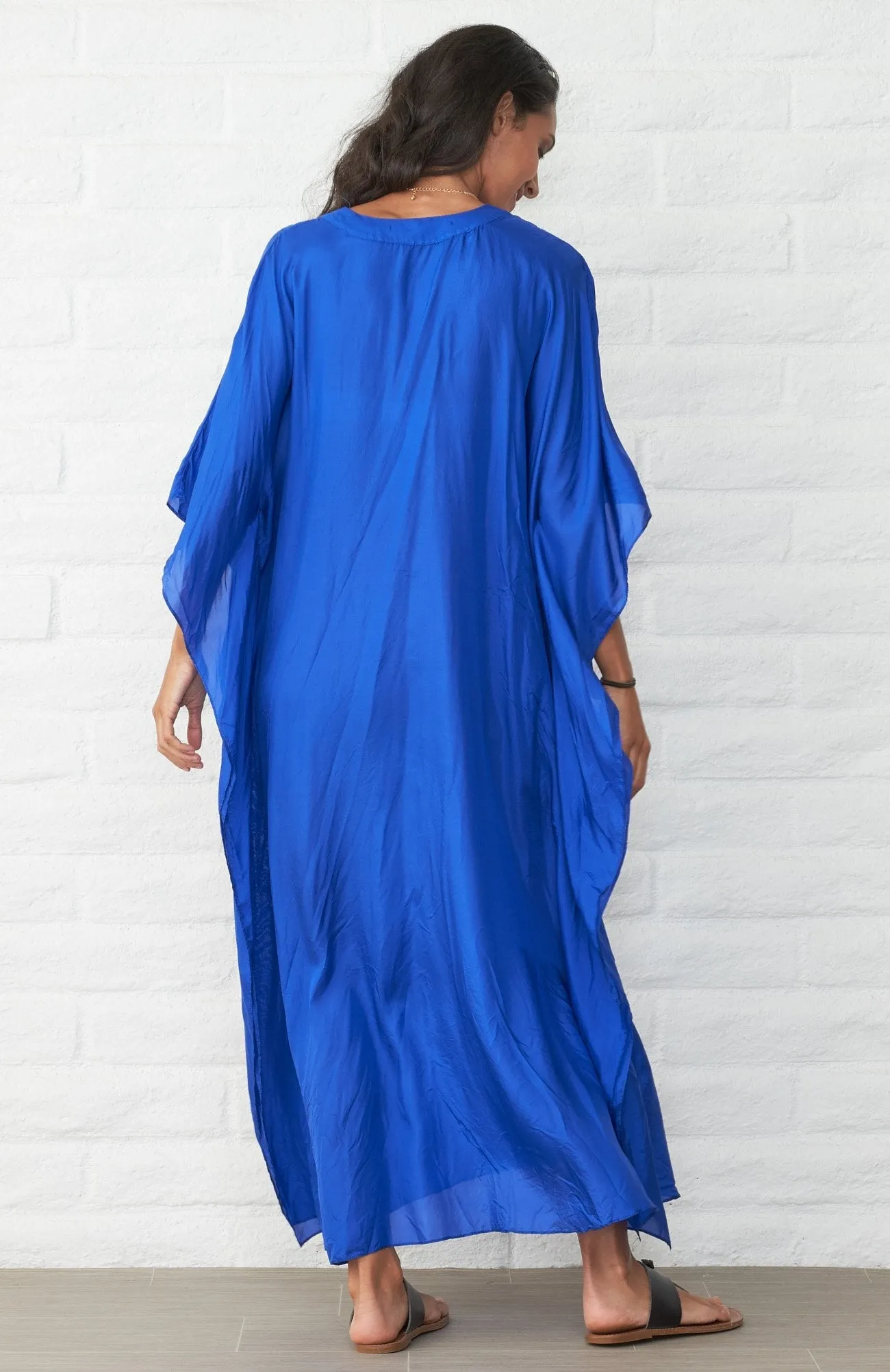 Cobalt Silk Placket V-Neck Long Caftan - Sale