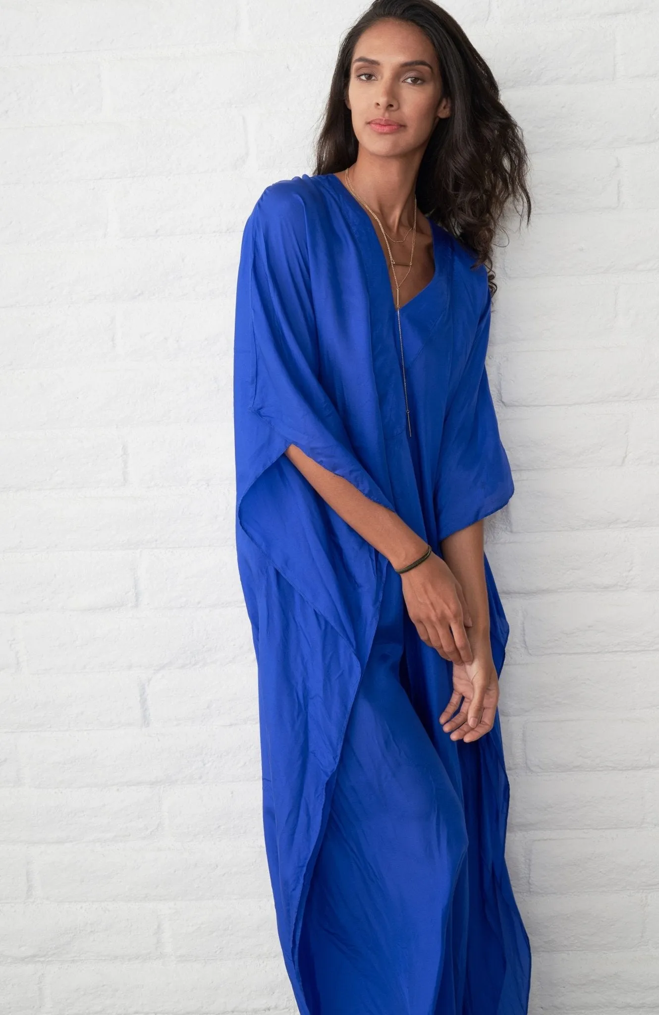 Cobalt Silk Placket V-Neck Long Caftan - Sale