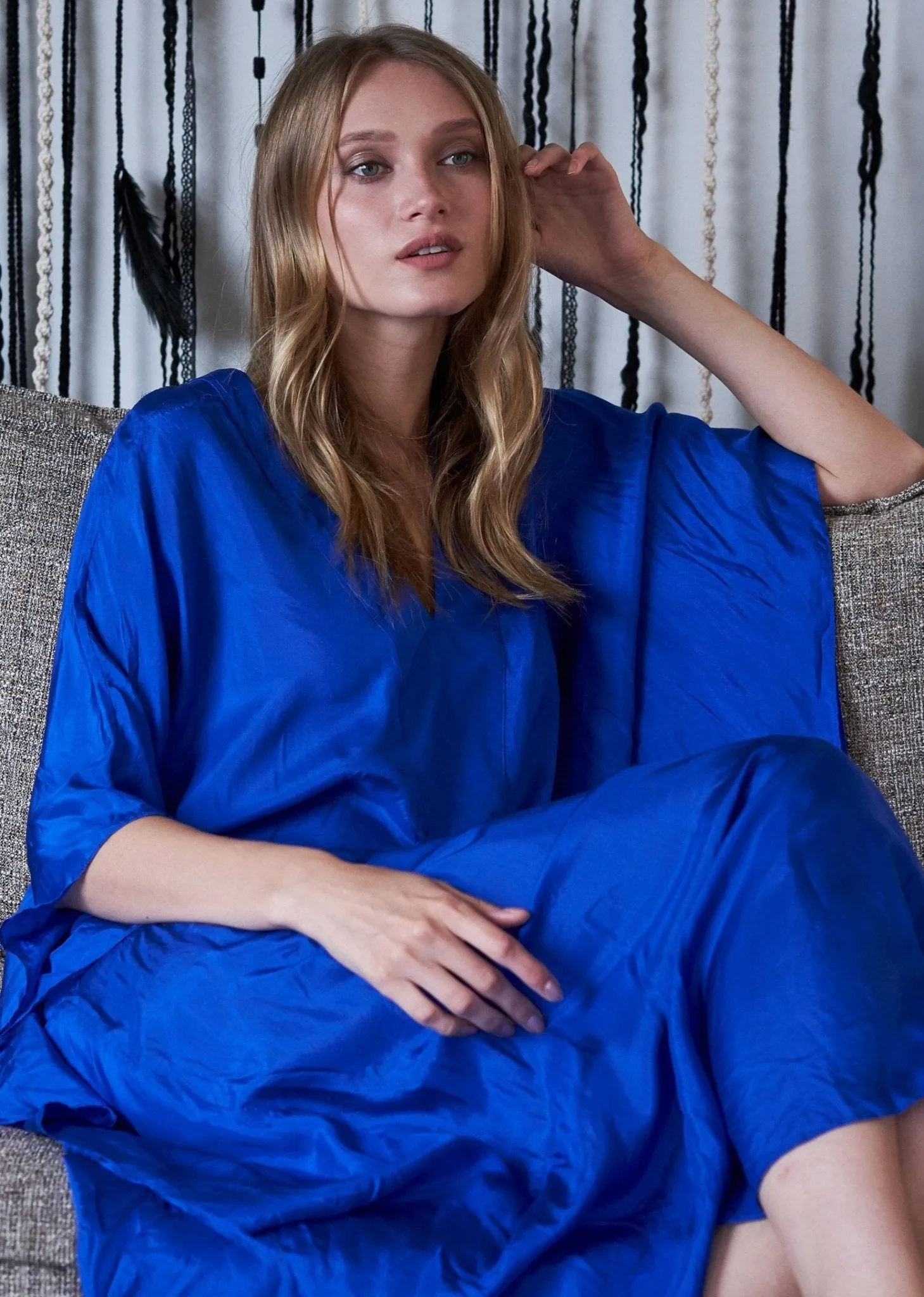 Cobalt Silk Placket V-Neck Long Caftan - Sale