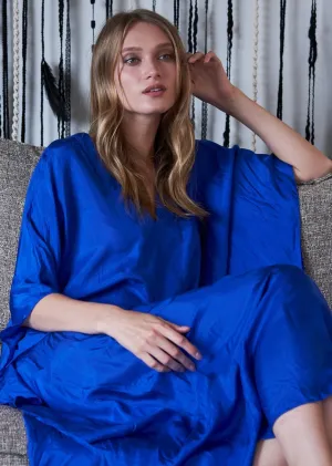 Cobalt Silk Placket V-Neck Long Caftan - Sale