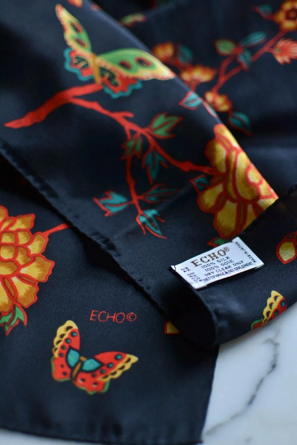 Colorful Silk Scarf with Butterflies and Flowers by Echo