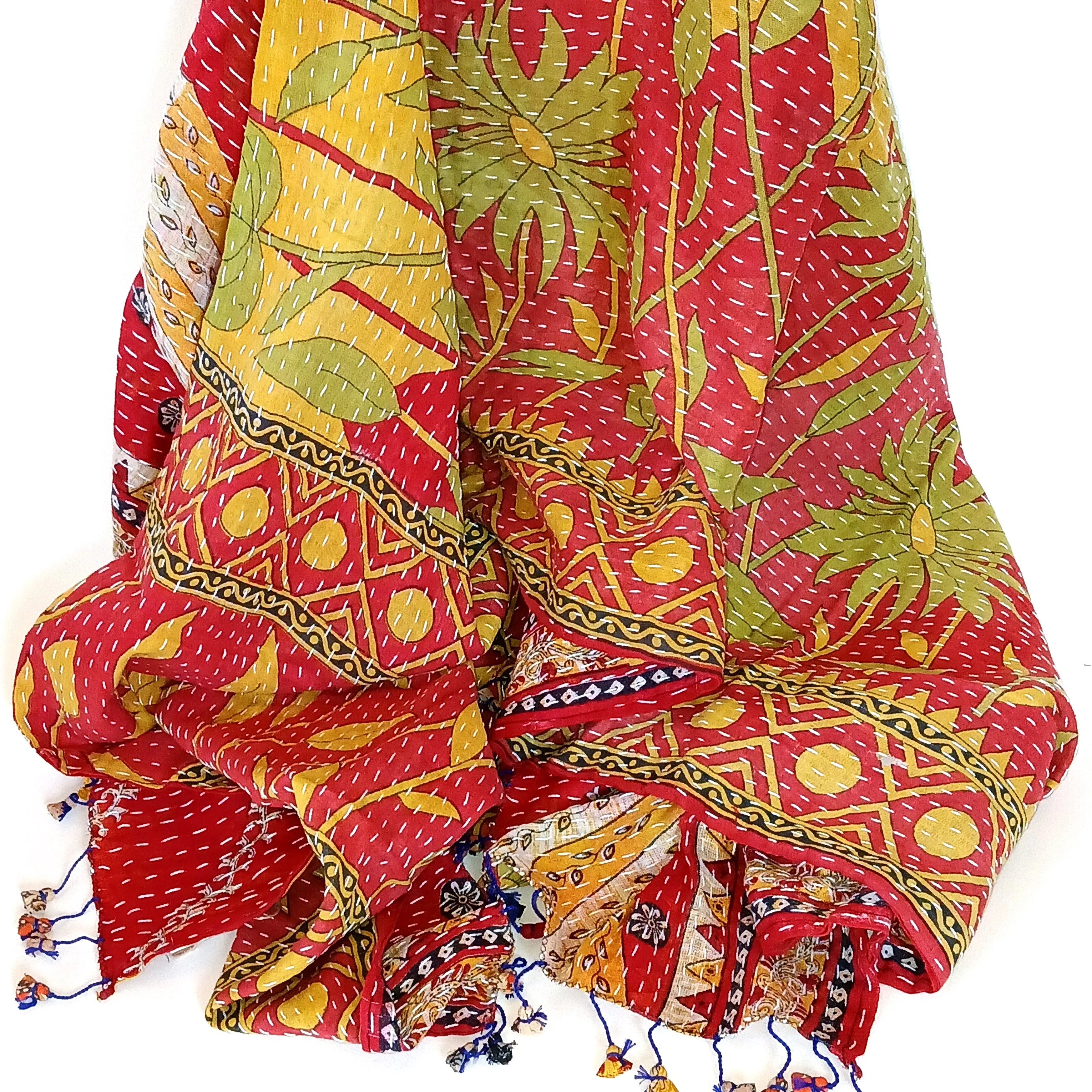 Cotton Kantha Scarf - Red & Yellow