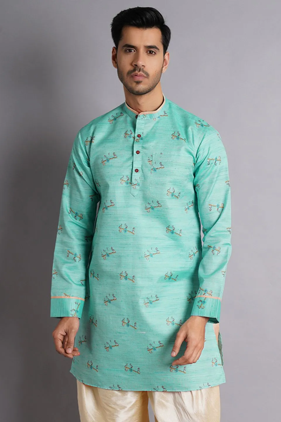 Cotton Silk Green Printed Kurta Dhoti