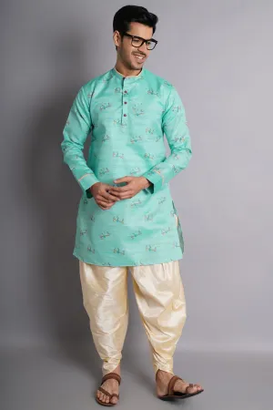 Cotton Silk Green Printed Kurta Dhoti