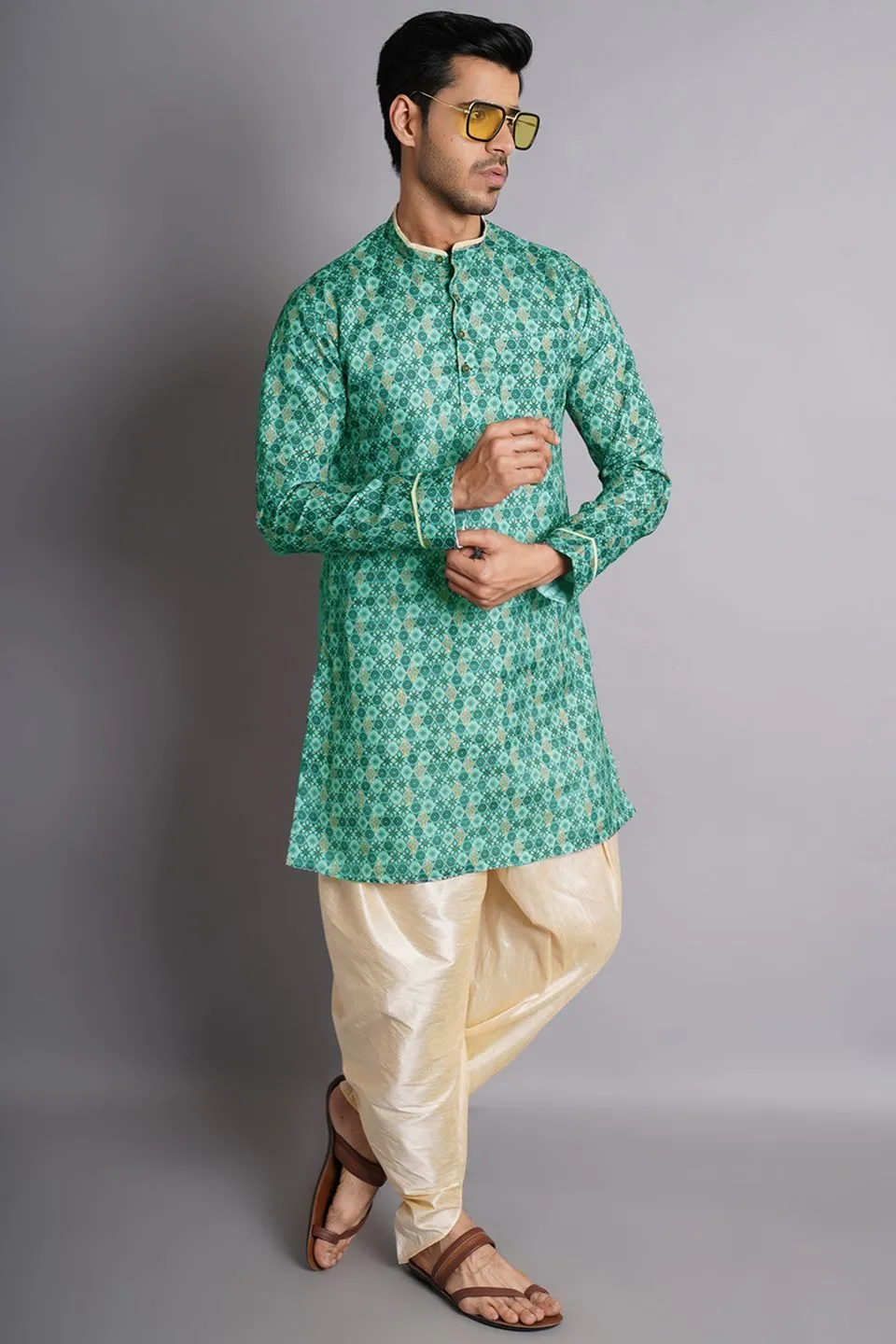 Cotton Silk Multicolored Printed Kurta Dhoti