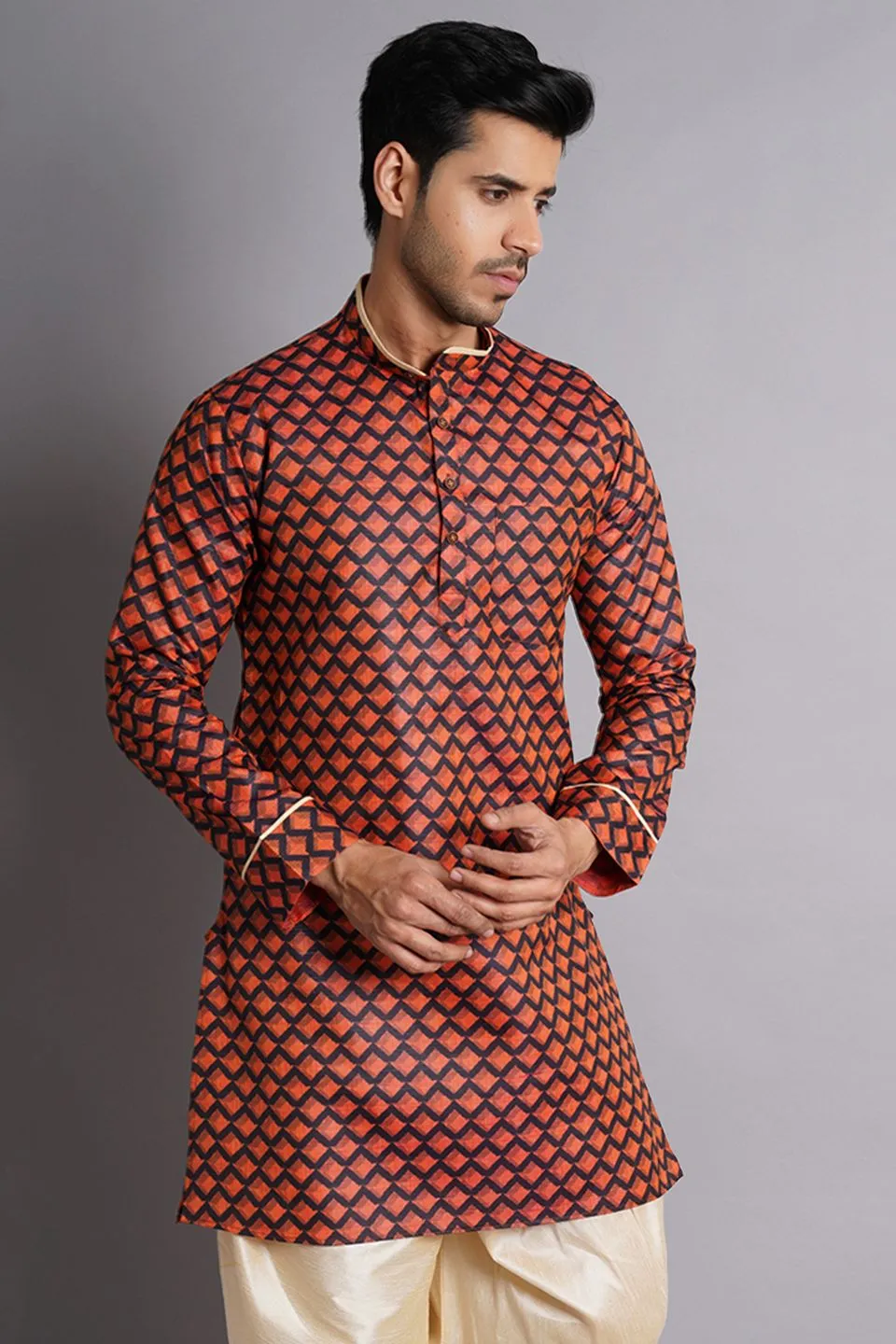 Cotton Silk Multicolored Printed Kurta Dhoti