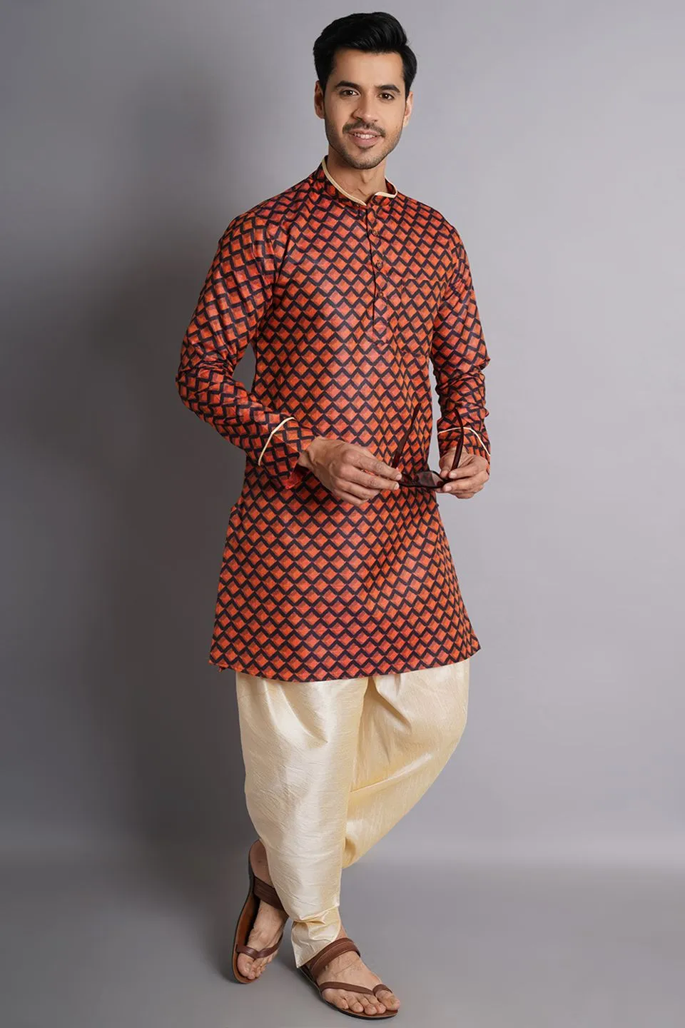 Cotton Silk Multicolored Printed Kurta Dhoti