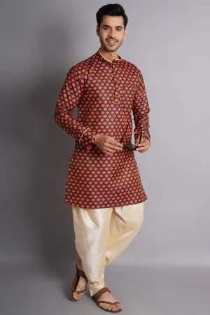 Cotton Silk Multicolored Printed Kurta Dhoti