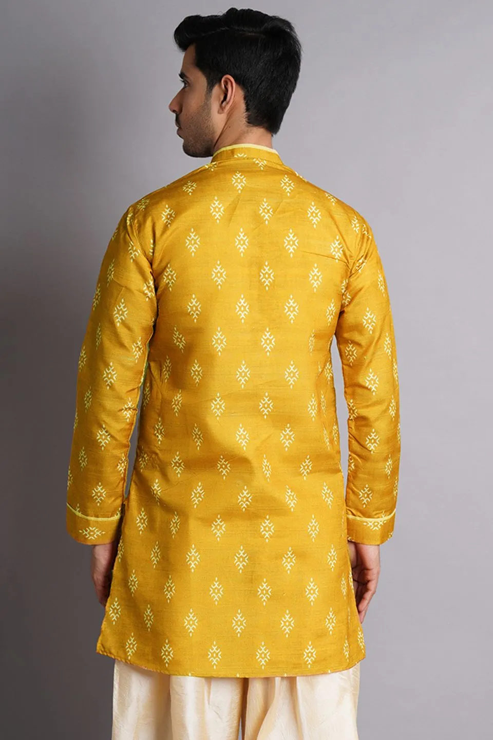 Cotton Silk Mustered Printed Kurta Dhoti
