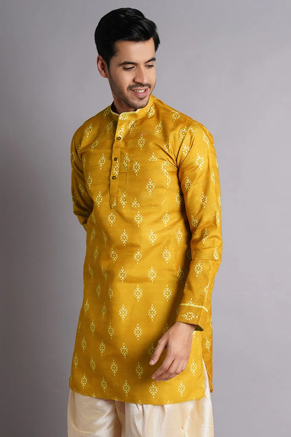 Cotton Silk Mustered Printed Kurta Dhoti