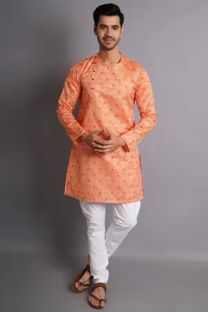 Cotton Silk Orange Printed Kurta Pajama