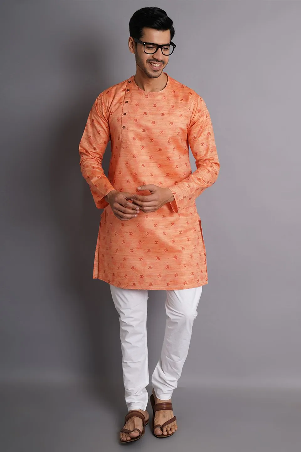 Cotton Silk Orange Printed Kurta Pajama