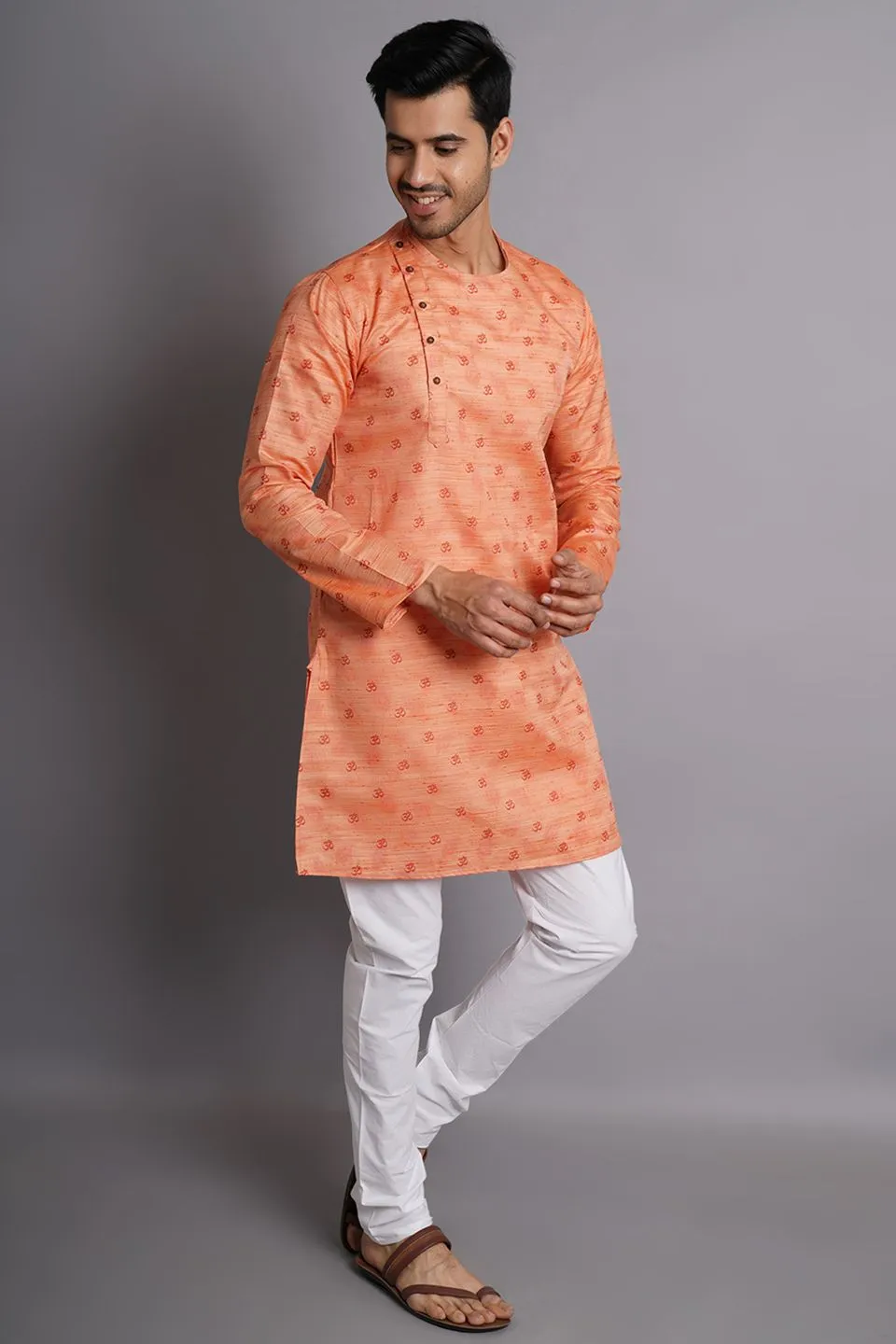 Cotton Silk Orange Printed Kurta Pajama