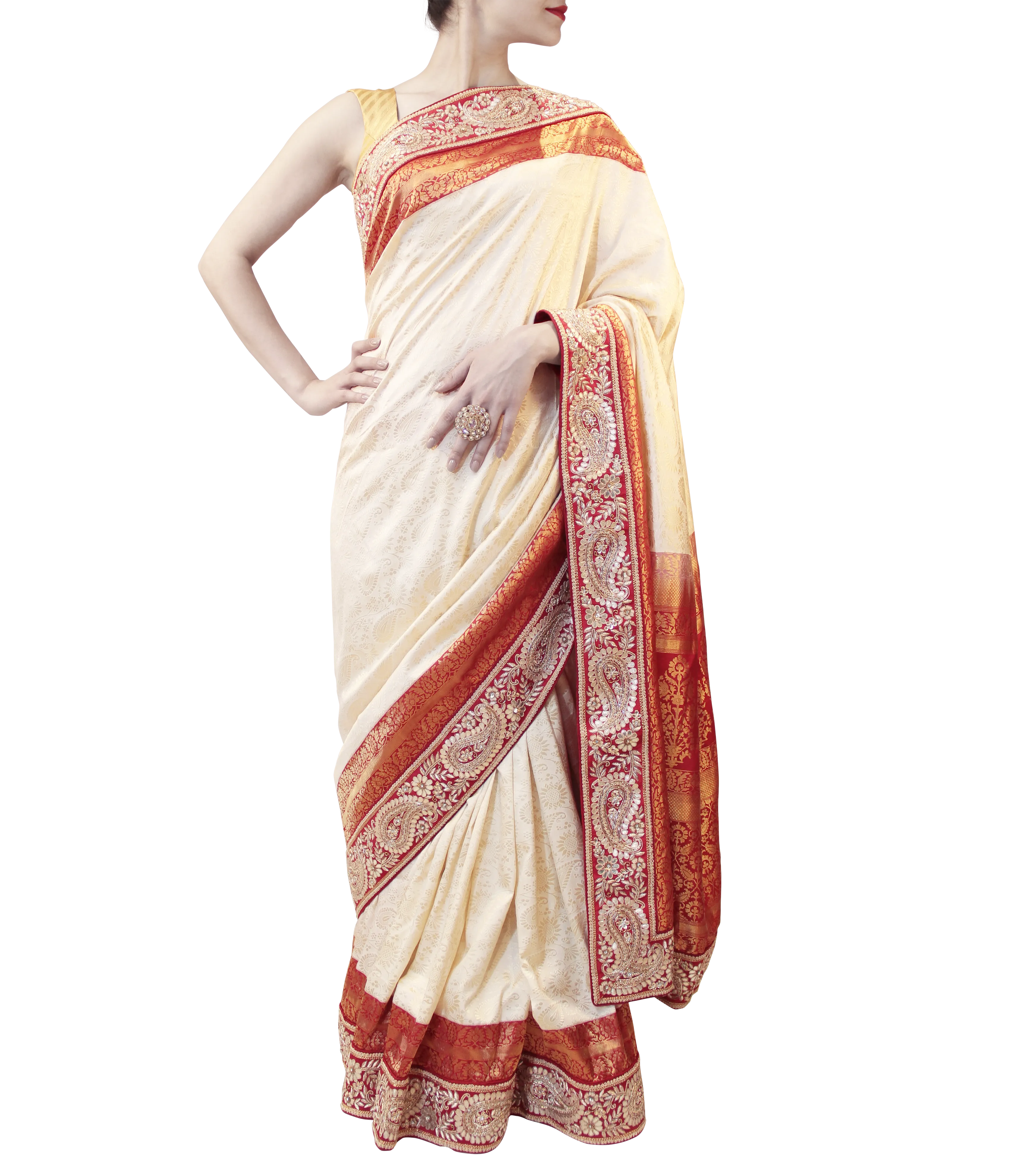 CREAM AND RED SAREE