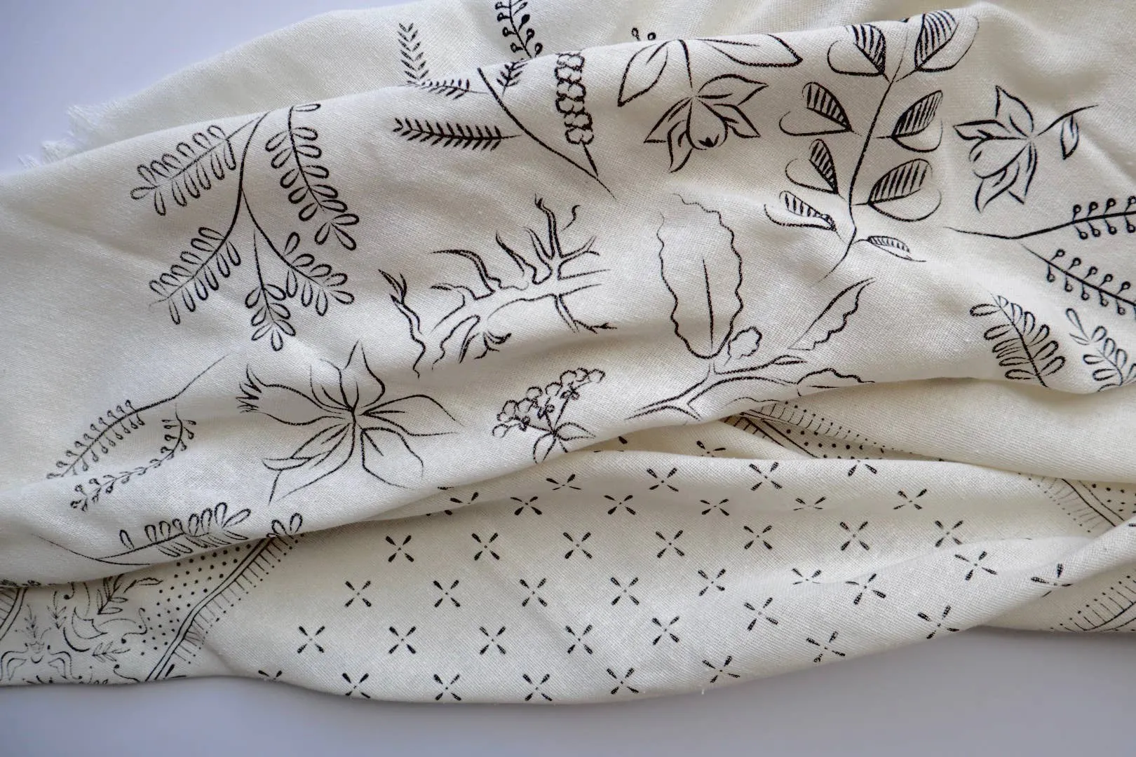 Cream Botanical Print Naturally Dyed Bandana (black ink)