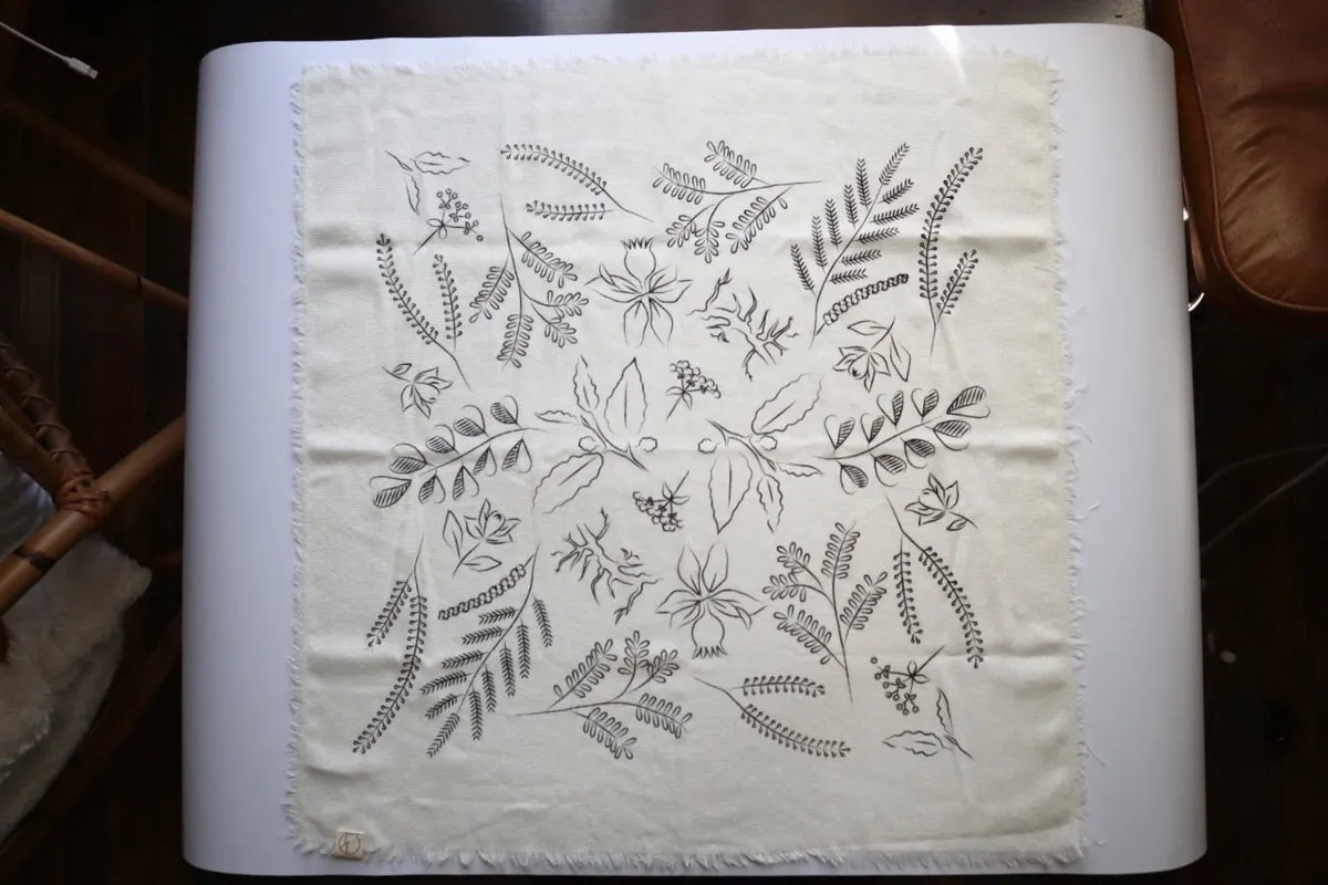 Cream Botanical Print Naturally Dyed Bandana (black ink)