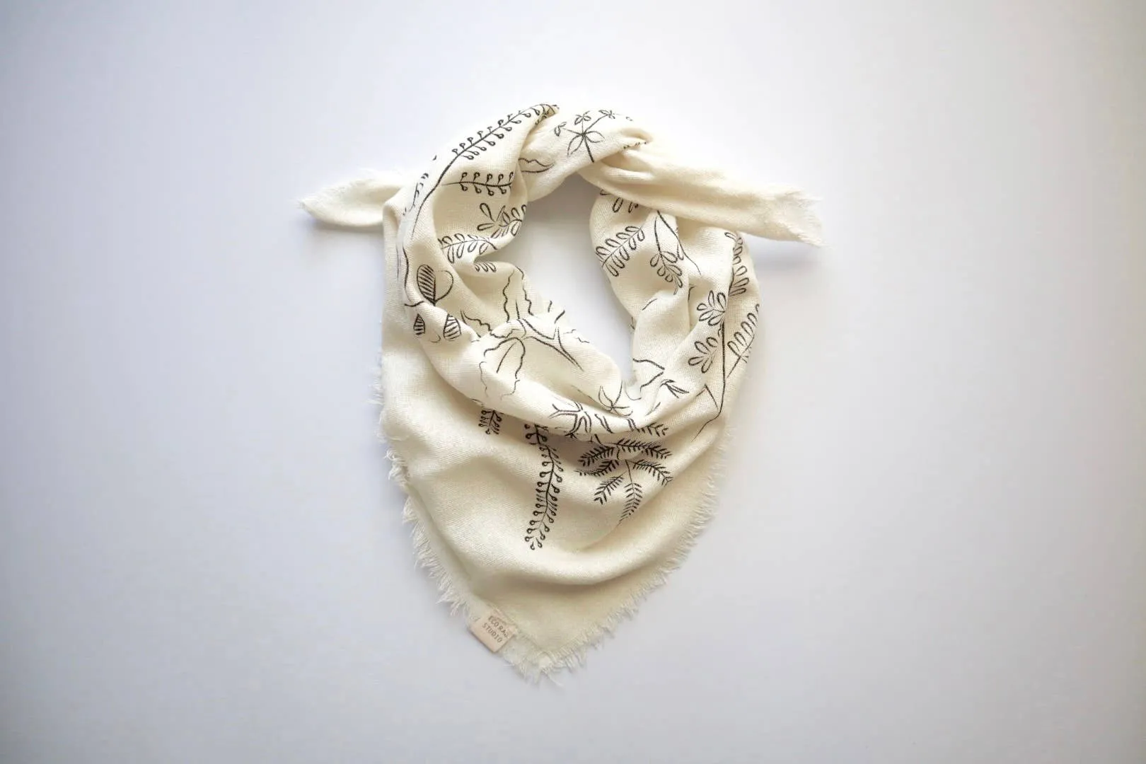 Cream Botanical Print Naturally Dyed Bandana (black ink)