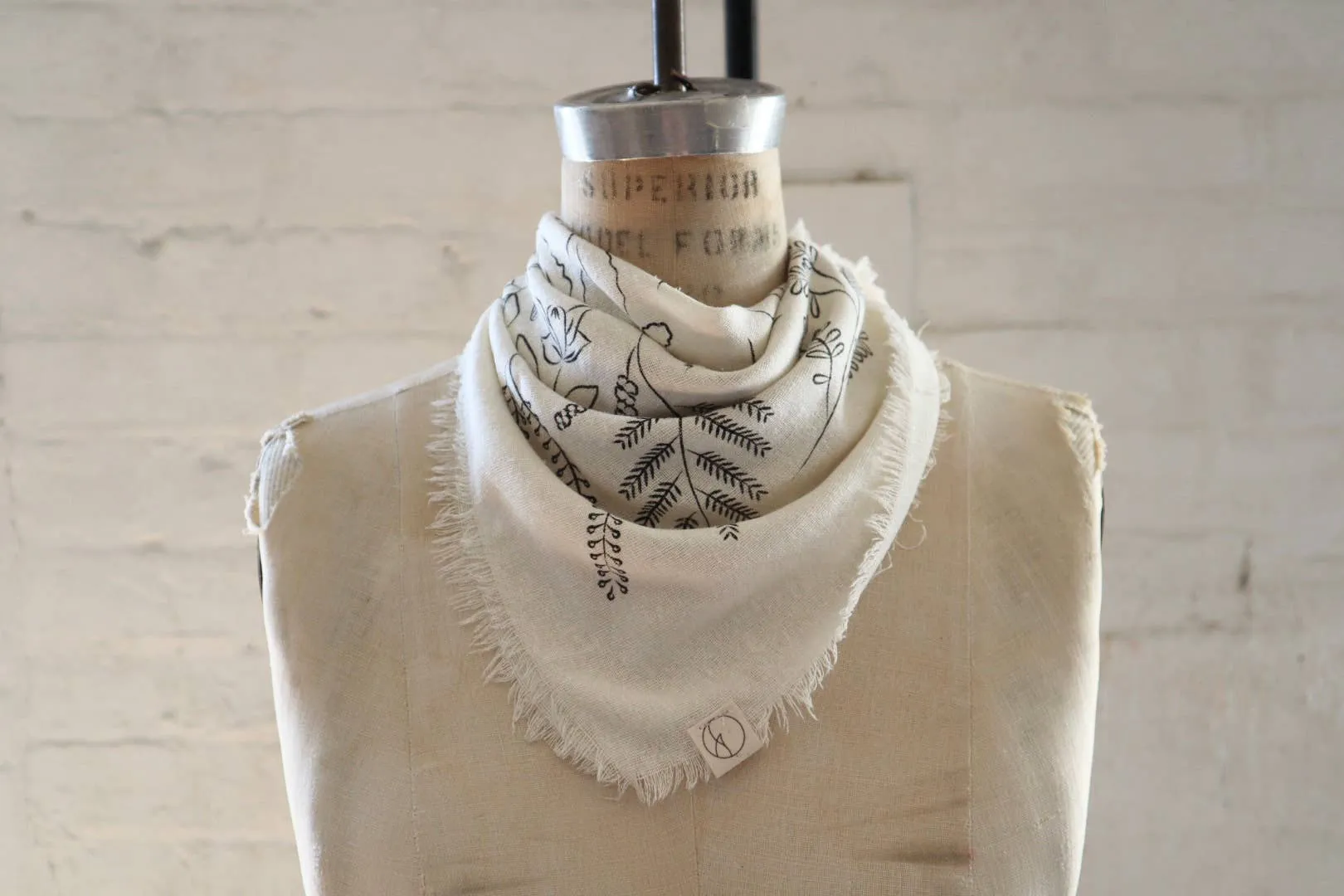Cream Botanical Print Naturally Dyed Bandana (black ink)
