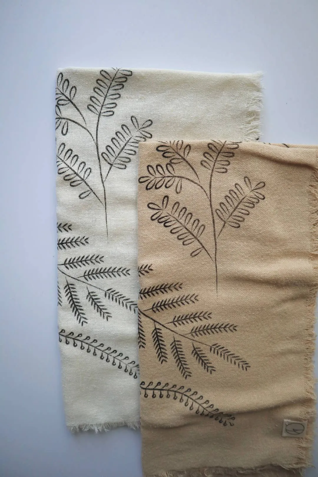 Cream Botanical Print Naturally Dyed Bandana (black ink)