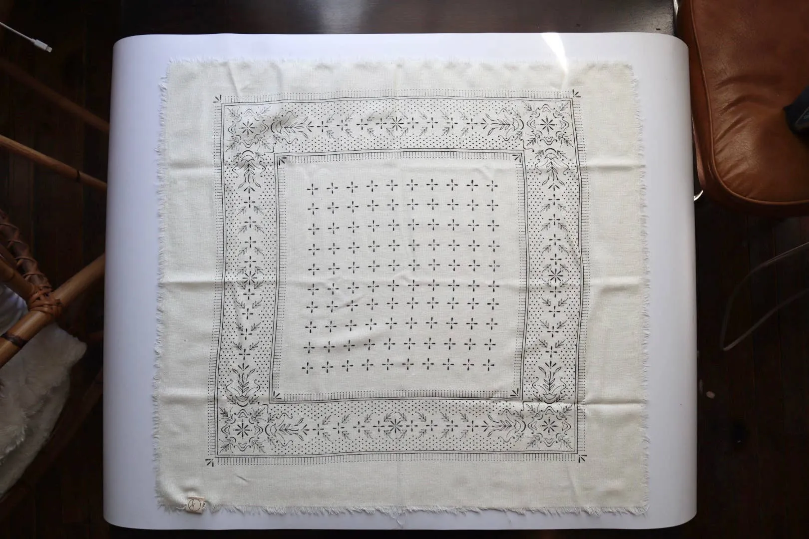 Cream Classic Print Naturally Dyed Bandana (black ink)