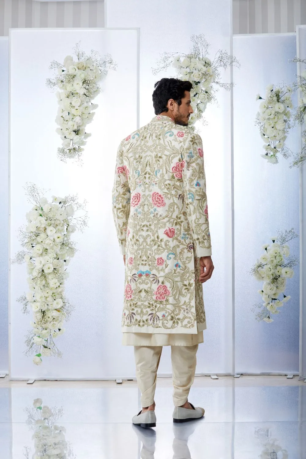 Cream Gold Multi-Coloured Sherwani Set