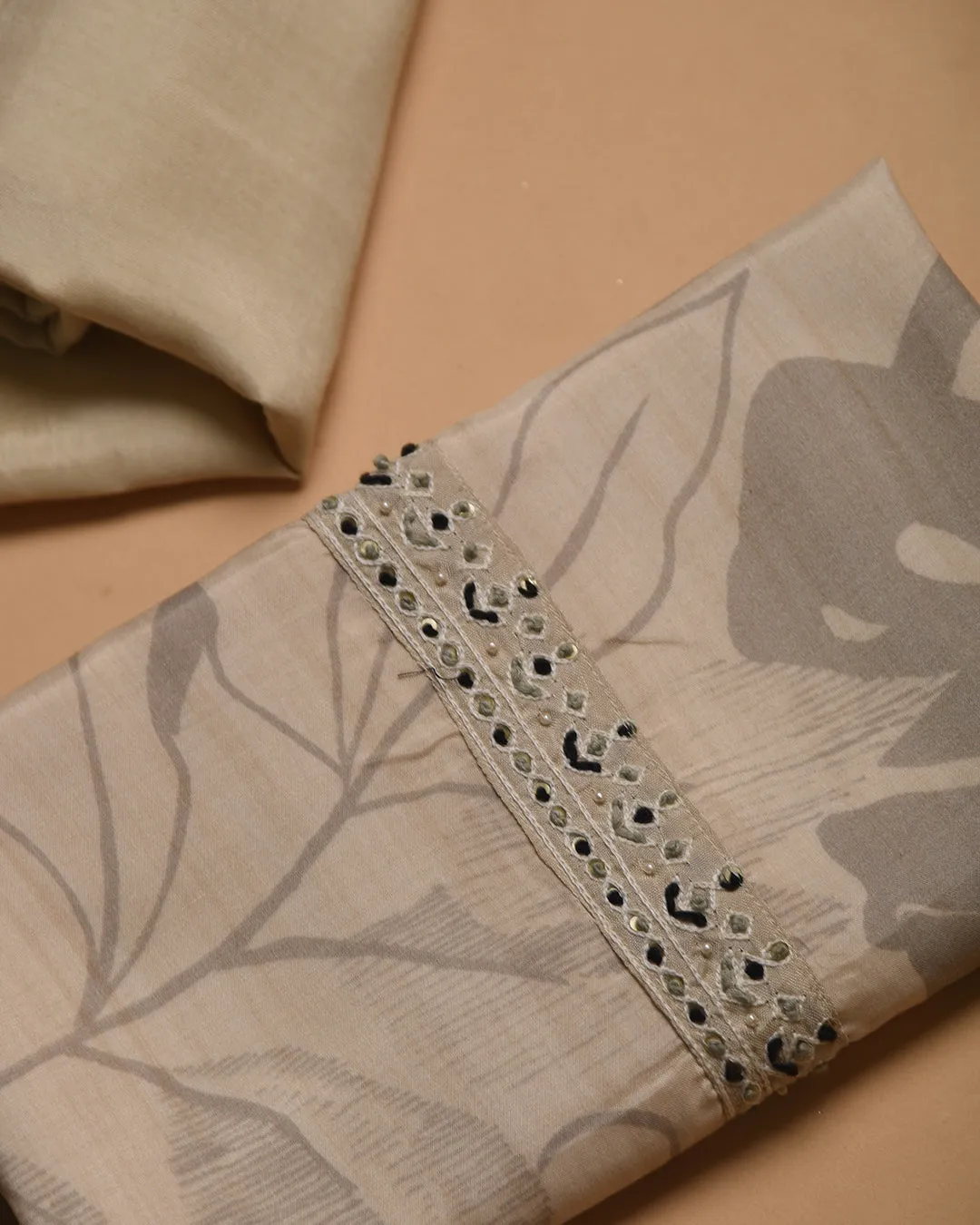 Cream With Black Muslin Silk Blend Printed With Embroidery Unstitched Suit Fabric Set With Muslin Silk Printed Dupatta