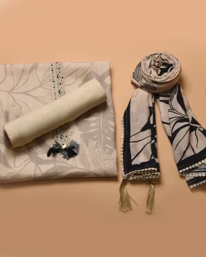 Cream With Black Muslin Silk Blend Printed With Embroidery Unstitched Suit Fabric Set With Muslin Silk Printed Dupatta
