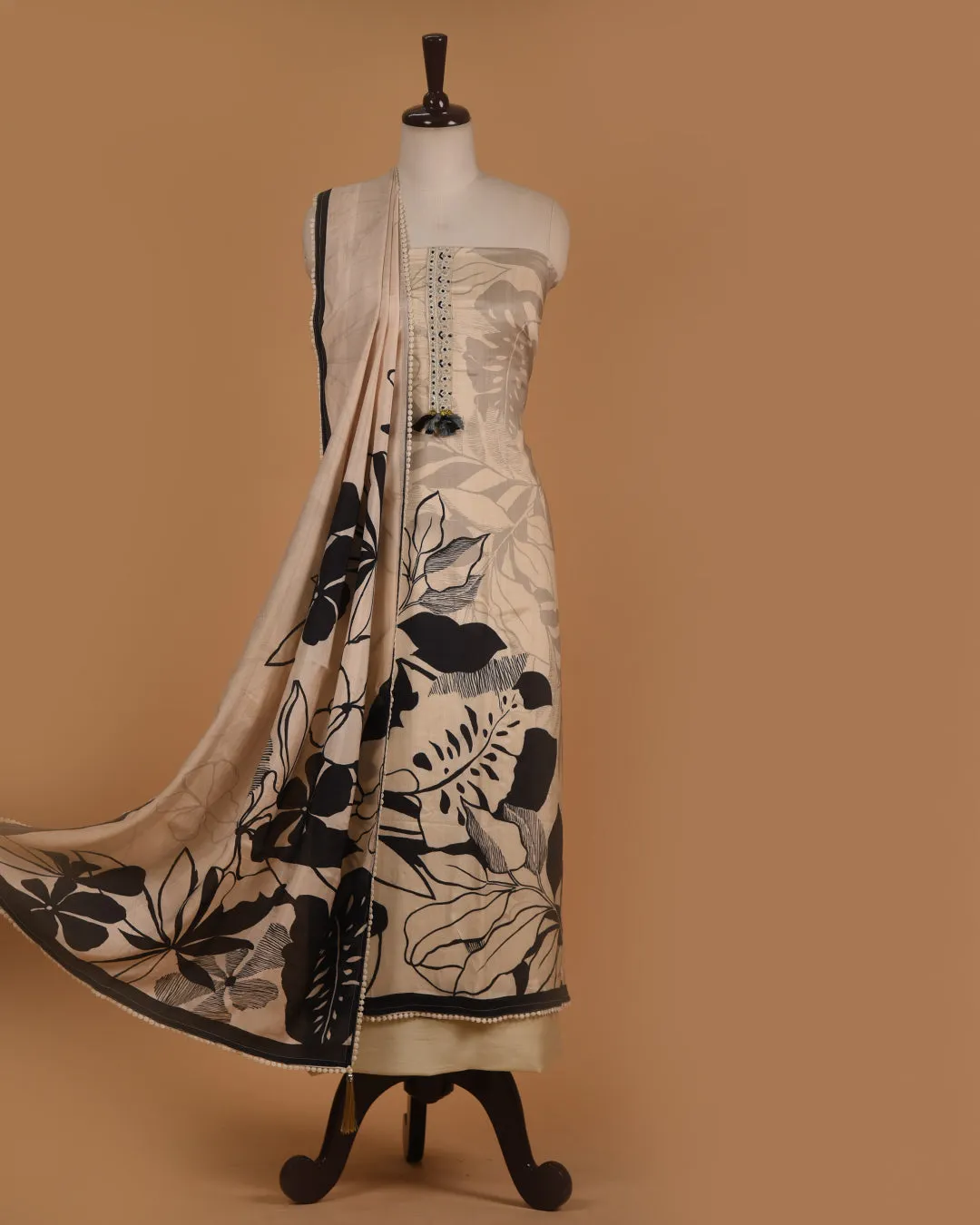 Cream With Black Muslin Silk Blend Printed With Embroidery Unstitched Suit Fabric Set With Muslin Silk Printed Dupatta