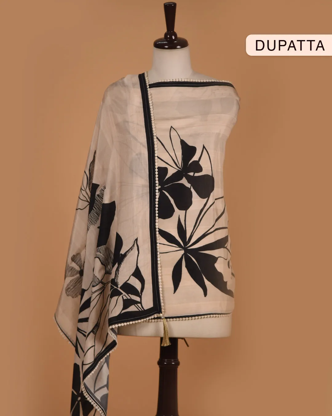 Cream With Black Muslin Silk Blend Printed With Embroidery Unstitched Suit Fabric Set With Muslin Silk Printed Dupatta
