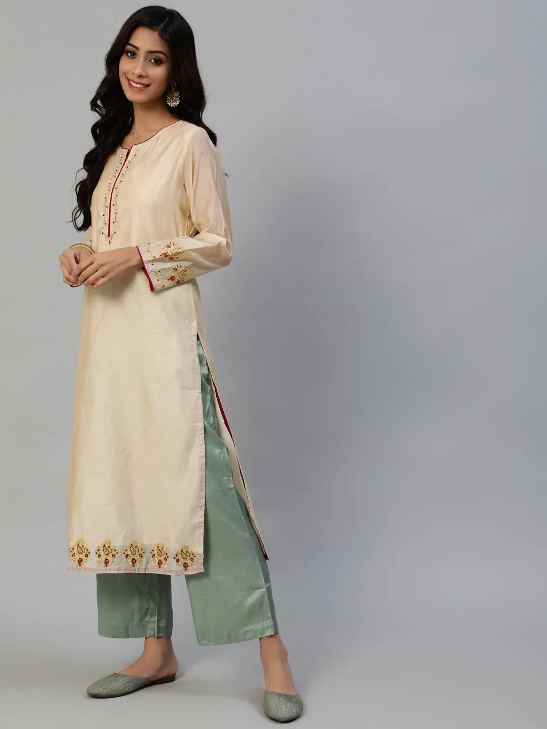 Cream Woven Design Straight Chanderi Silk Kurta With Palazzo And Dupatta