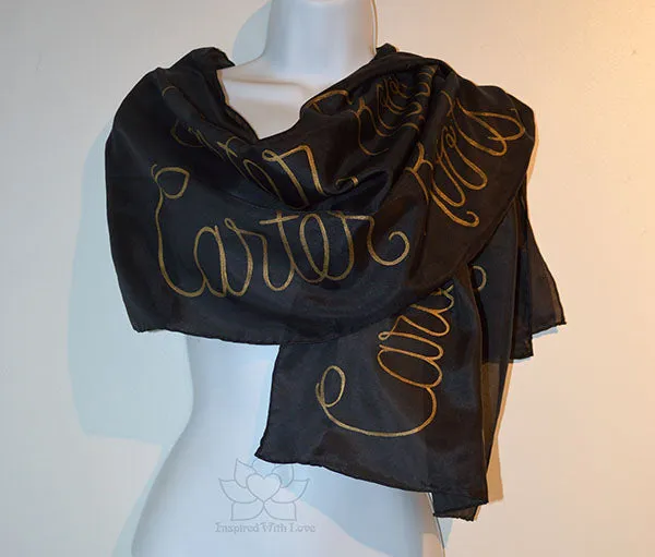 Custom Script Message 100% Silk Solid Black Scarf (Made to Order)