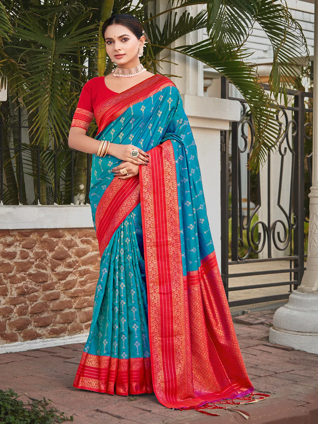 Cyan Blue Silk Saree